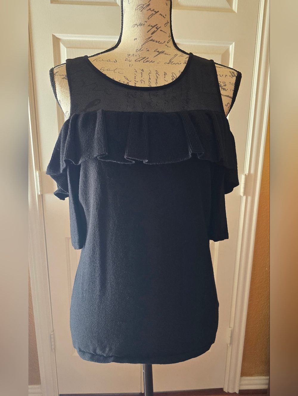 INC International Concepts Black Ruffle Cold-Shoulder Tank Top Size M